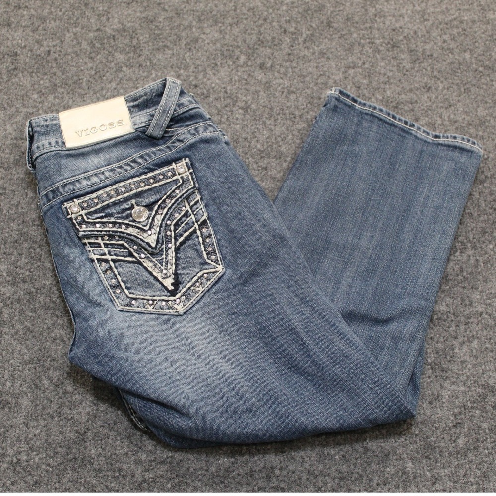 Vigoss The New York Capri Jeans Women Sizeโ 5 6 Blue Denim Embellished Pockets